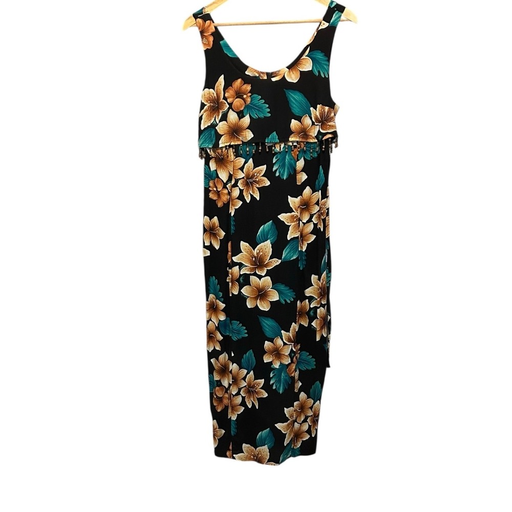 Vintage Y2K Maxi Dress 6‎ Black Tropical Floral Beaded Resort Beachwear Vacation